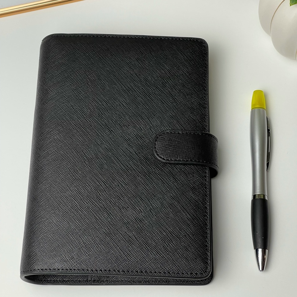 Luxe Black Saffiano Leather Personal Size Six ring planner/Agenda binder